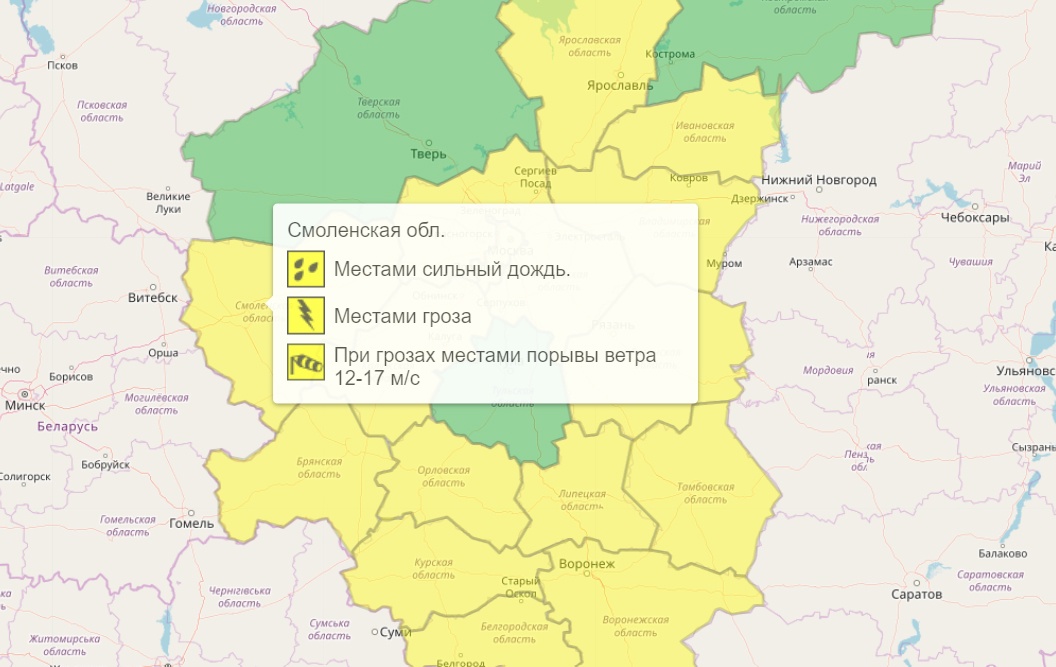 «Жёлтый» уровень погодной опасности объявили в Смоленске из-за грозы и сильного ветра