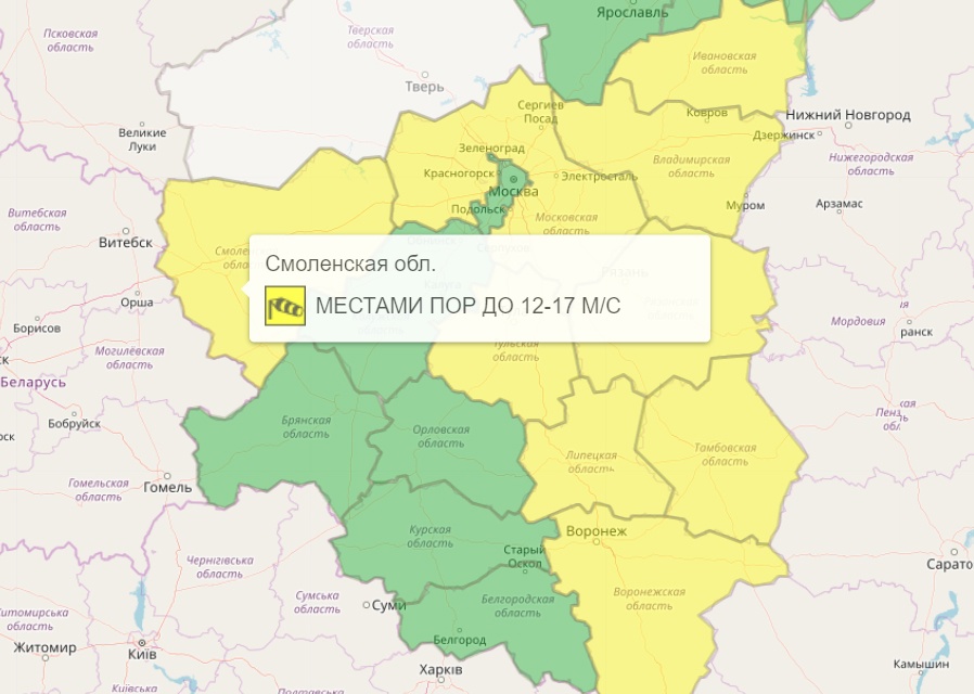 «Жёлтый» уровень опасности из-за ветра объявят в Смоленской области