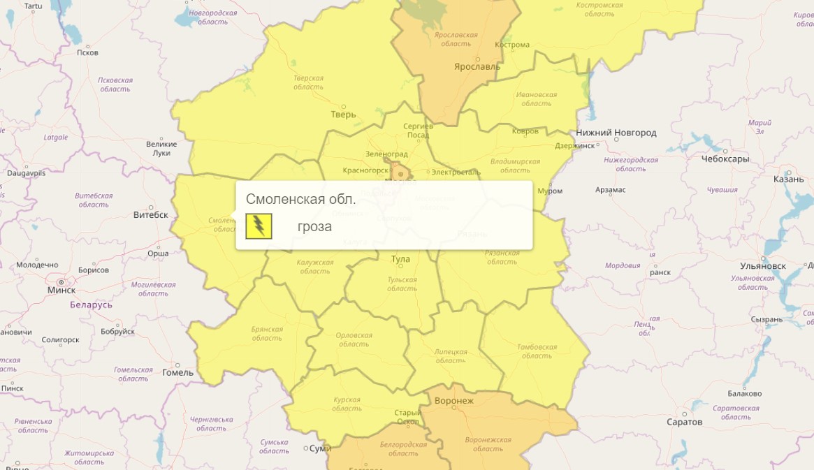 «Жёлтый» уровень опасности из-за грозы объявили в Смоленском регионе